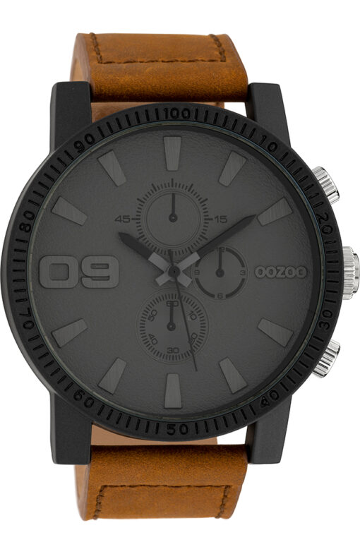 OOZOO Timepieces Vintage Brown Leather Strap C10064 ανδρικό ρολόι με μαύρο χρώμα καντράν και καφέ λουράκι δερμάτινο και κάσας 48 millimeter.