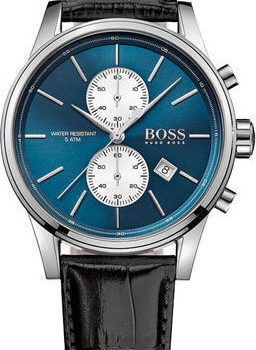 Ανδρικό ρολόι Hugo Boss με μπλε καντράν διαμέτρου 42, λουράκι δερμάτινο με κούμπωμα τοκά σε μαύρο χρώμα. Με χρονογράφο μηχανισμό.