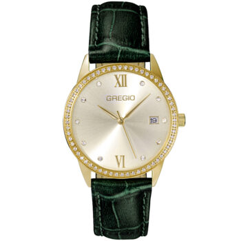 Γυναικείο ρολόι GREGIO Elise GR320020 Γυναικείο ρολόι Gregio με χρυσό χρώμα καντράν και δερμάτινο πράσινο λουράκι.