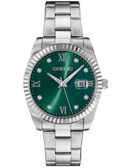 Γυναικείο ρολόι GREGIO Mallory GR360012 Γυναικείο ρολόι Gregio με ασημί χρώμα καντράν και πράσινο μπρασελέ από ανοξείδωτο ατσάλι.