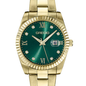Γυναικείο ρολόι GREGIO Mallory GR360021 Γυναικείο ρολόι Gregio με πράσινο χρώμα καντράν και χρυσό μπρασελέ από ανοξείδωτο ατσάλι.