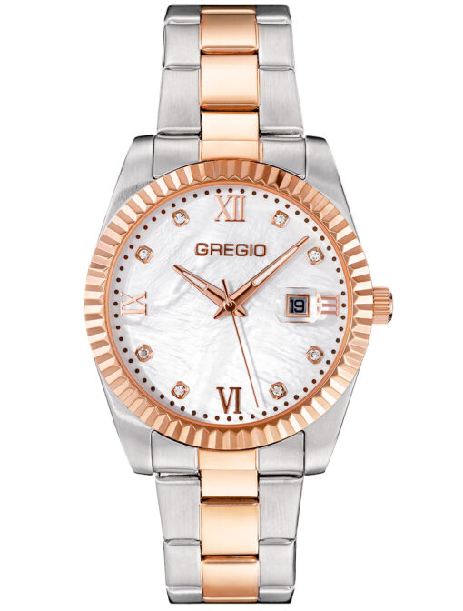 Γυναικείο ρολόι GREGIO Mallory GR360050 Γυναικείο ρολόι Gregio με ασημί χρώμα καντράν και δίχρωμο μπρασελέ από ανοξείδωτο ατσάλι.
